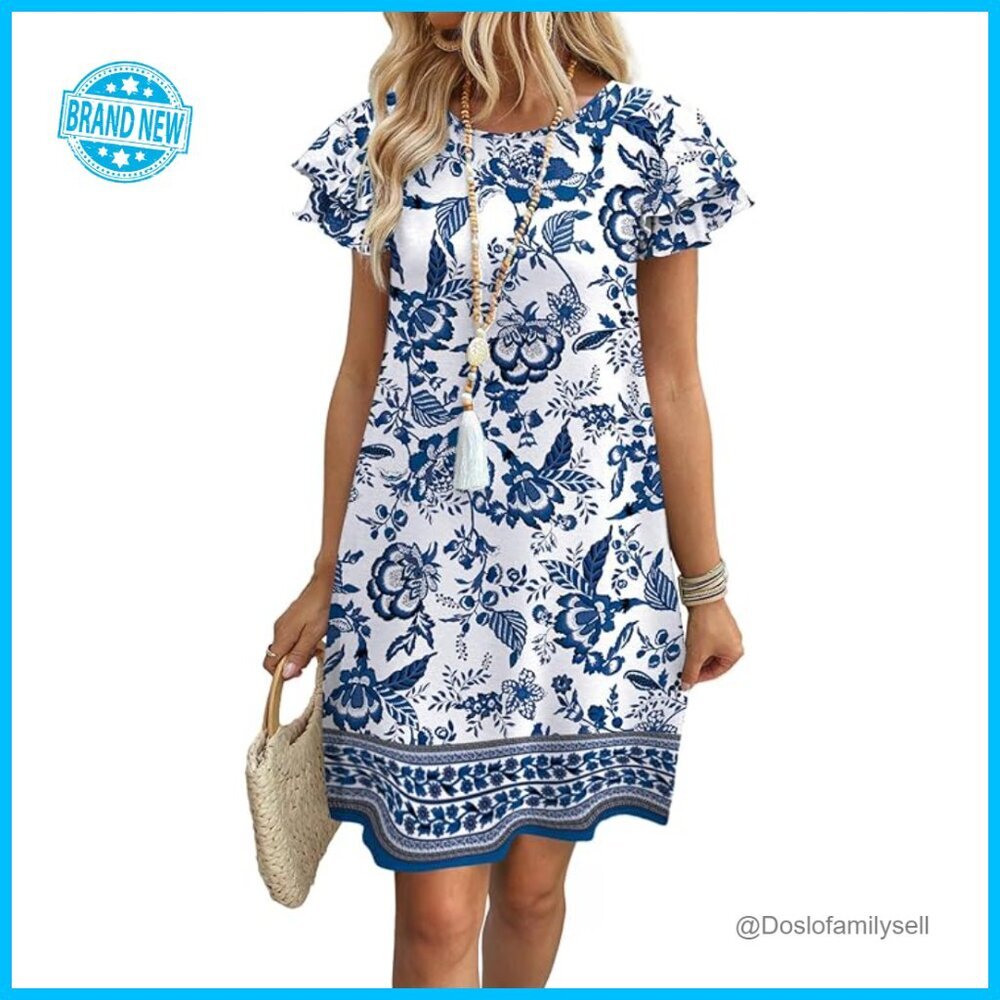 Ruffle Sleeve Swing Sundress Loose Fit Casual Summer Dress with Pockets